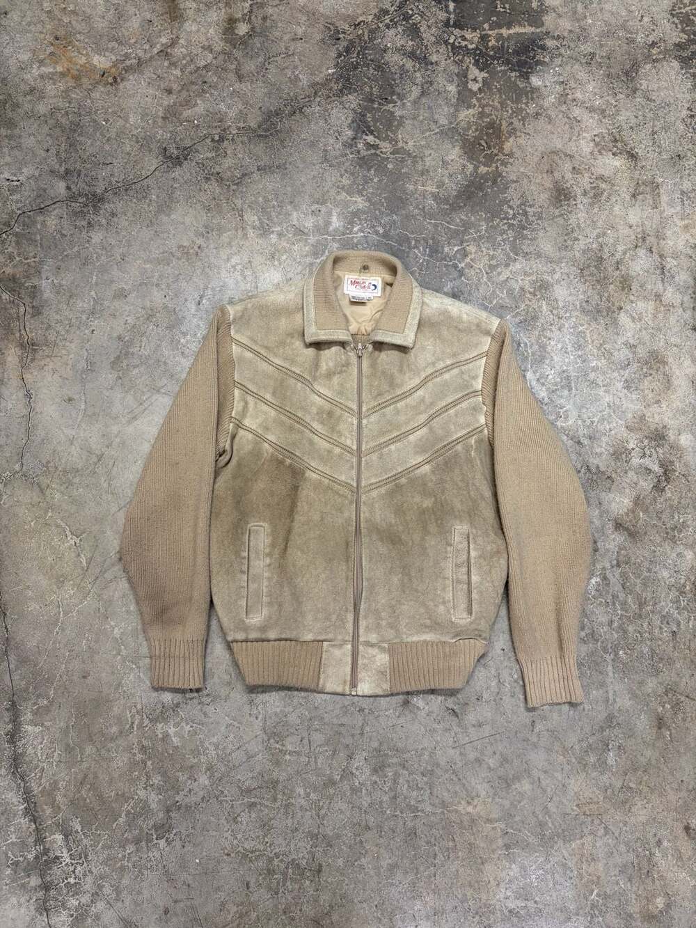 Vintage Mens knit/Suede Leather Cow Hide Bomber Jacket Brown